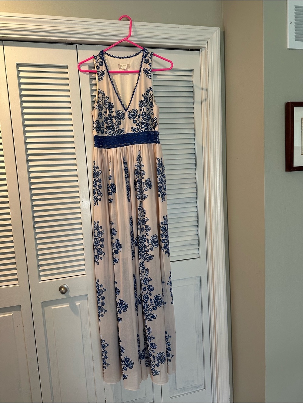 Altar'd State Cream Maxi Dress with Blue Floral Embroidery
